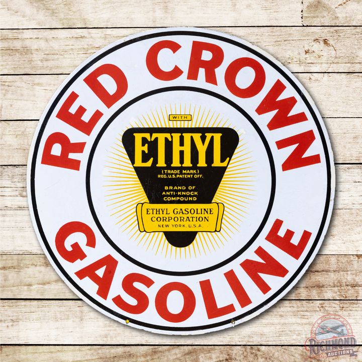 30" Red Crown Gasoline w/ Ethyl Porcelain Sign TAC 8