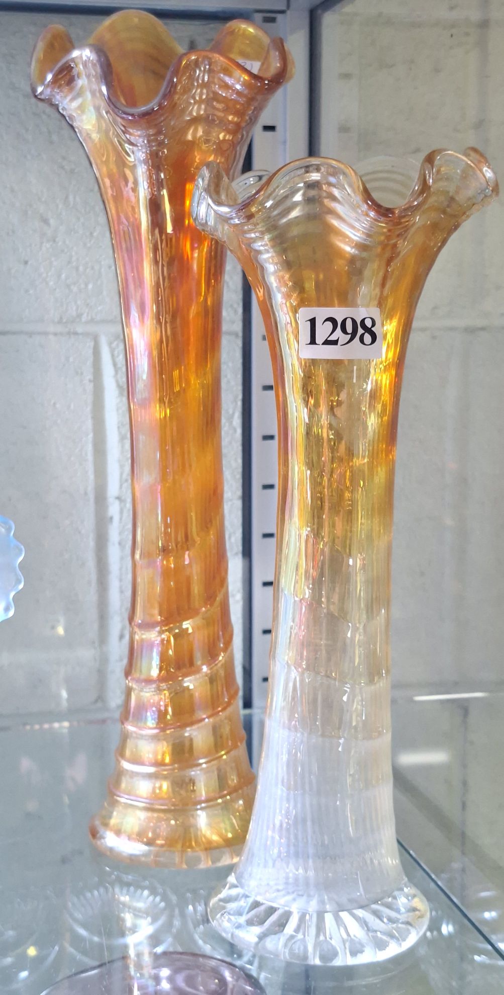 Two Marigold Carnival Glass Vases