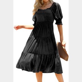 CHRISELDA WOMEN'S 2023 VELVET MIDI DRESS CASUAL PUFF SHORT SLEEVE SQUARE NECK SMOCKED ELASTIC WAIST TIERED DRESSES BROWN