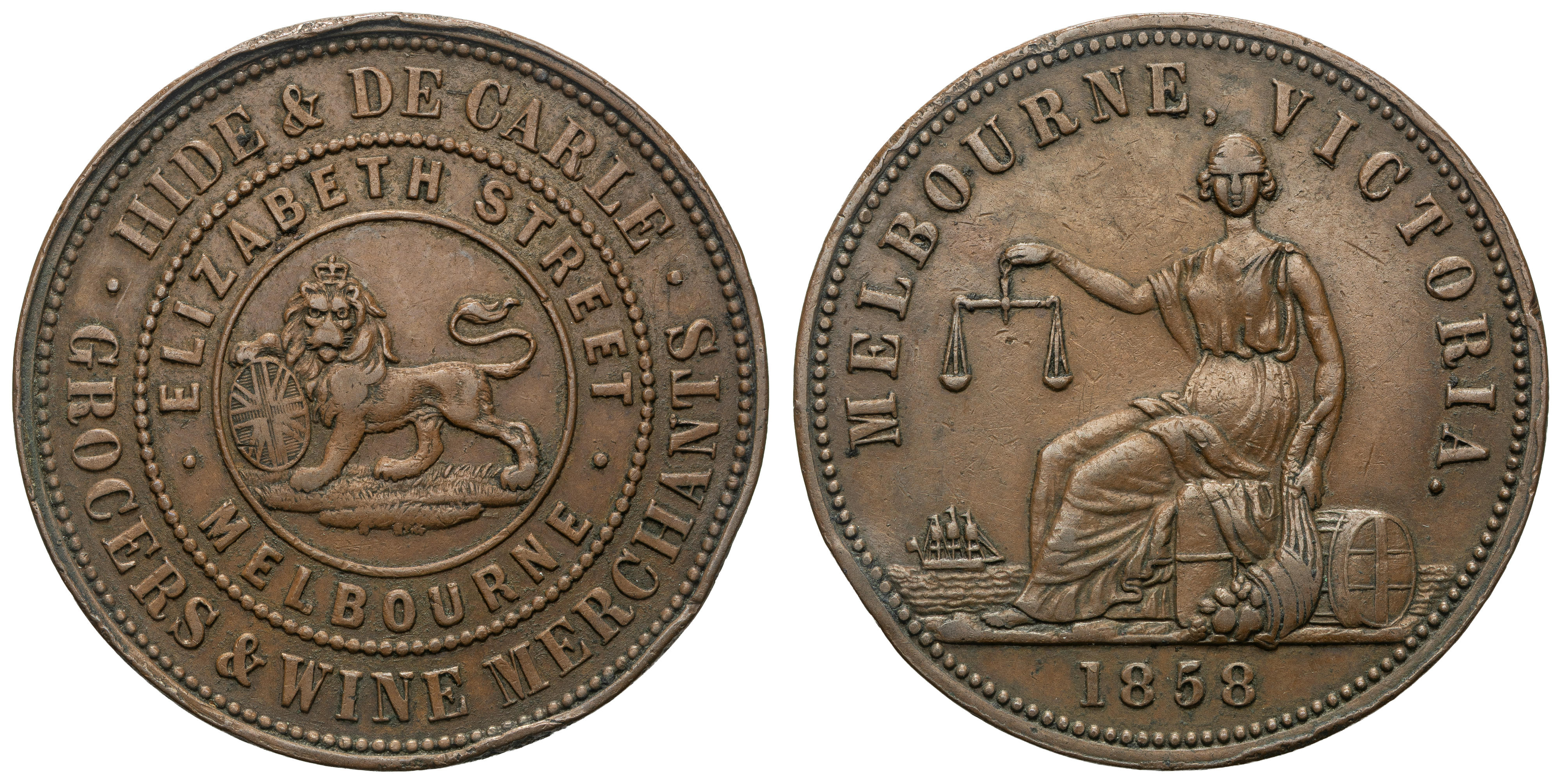 A109d - Hide & DeCARLE, Melbourne, Victoria, Penny, 1858, gF