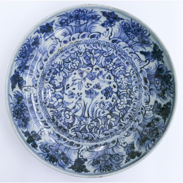 Chinese Yuan/Ming Blue & White Lotus Deep Charger