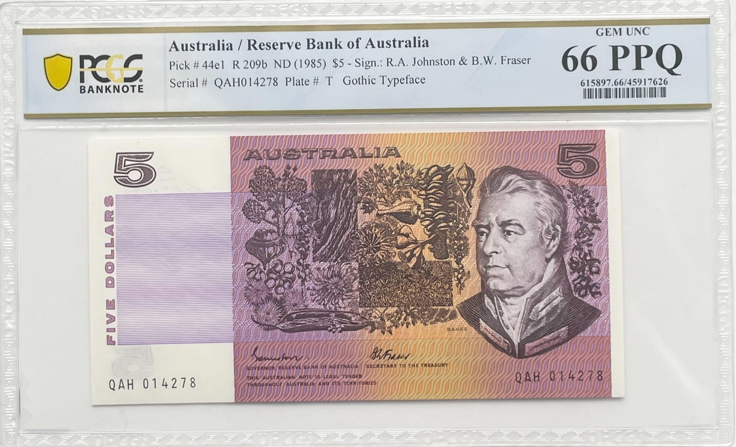1985 $5 Johnston/Fraser Gem Unc 66 PPQ Gothic Serial