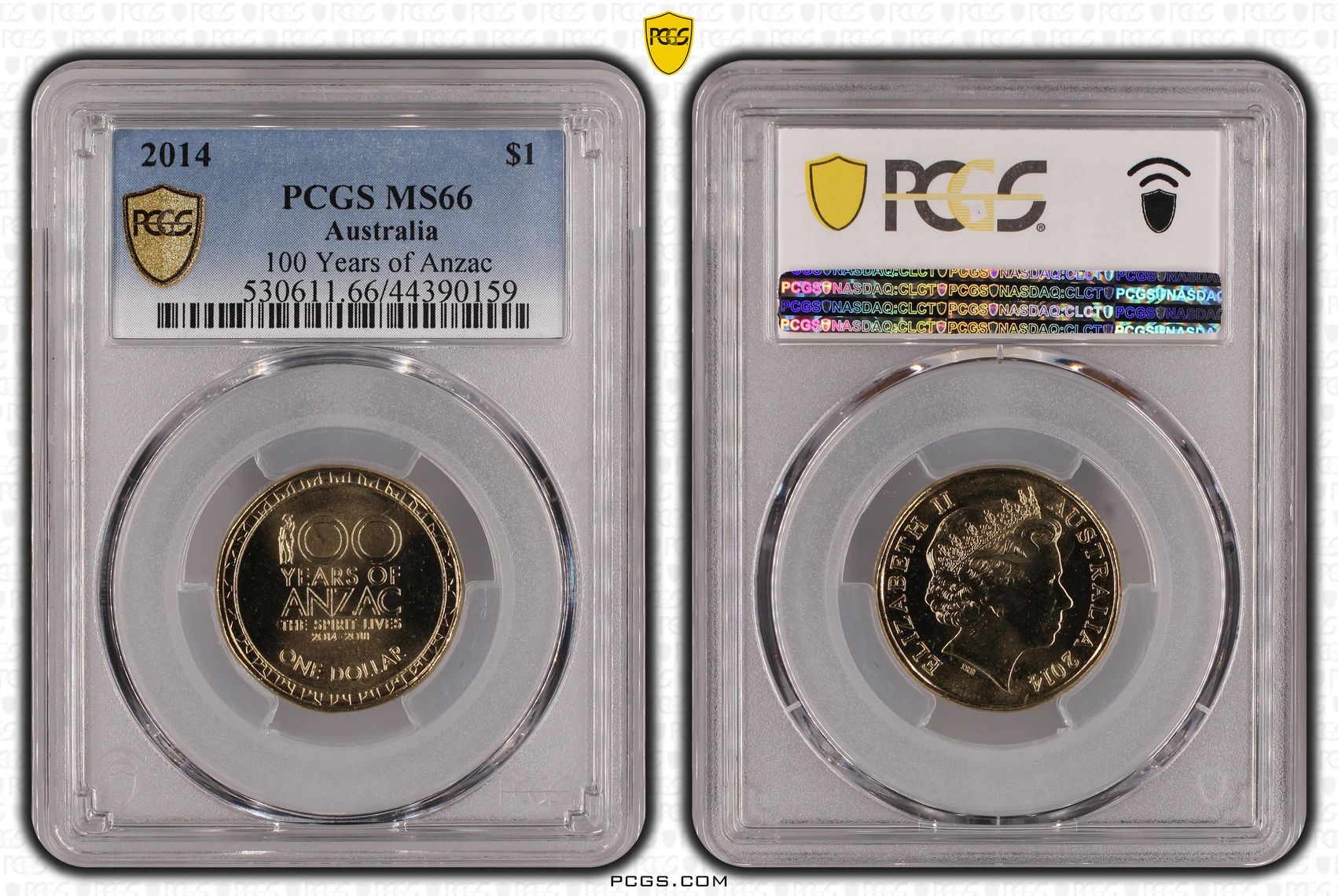 243 · Elizabeth II, 100 Years of Anzac , One Dollar, 2014, PCGS MS66
