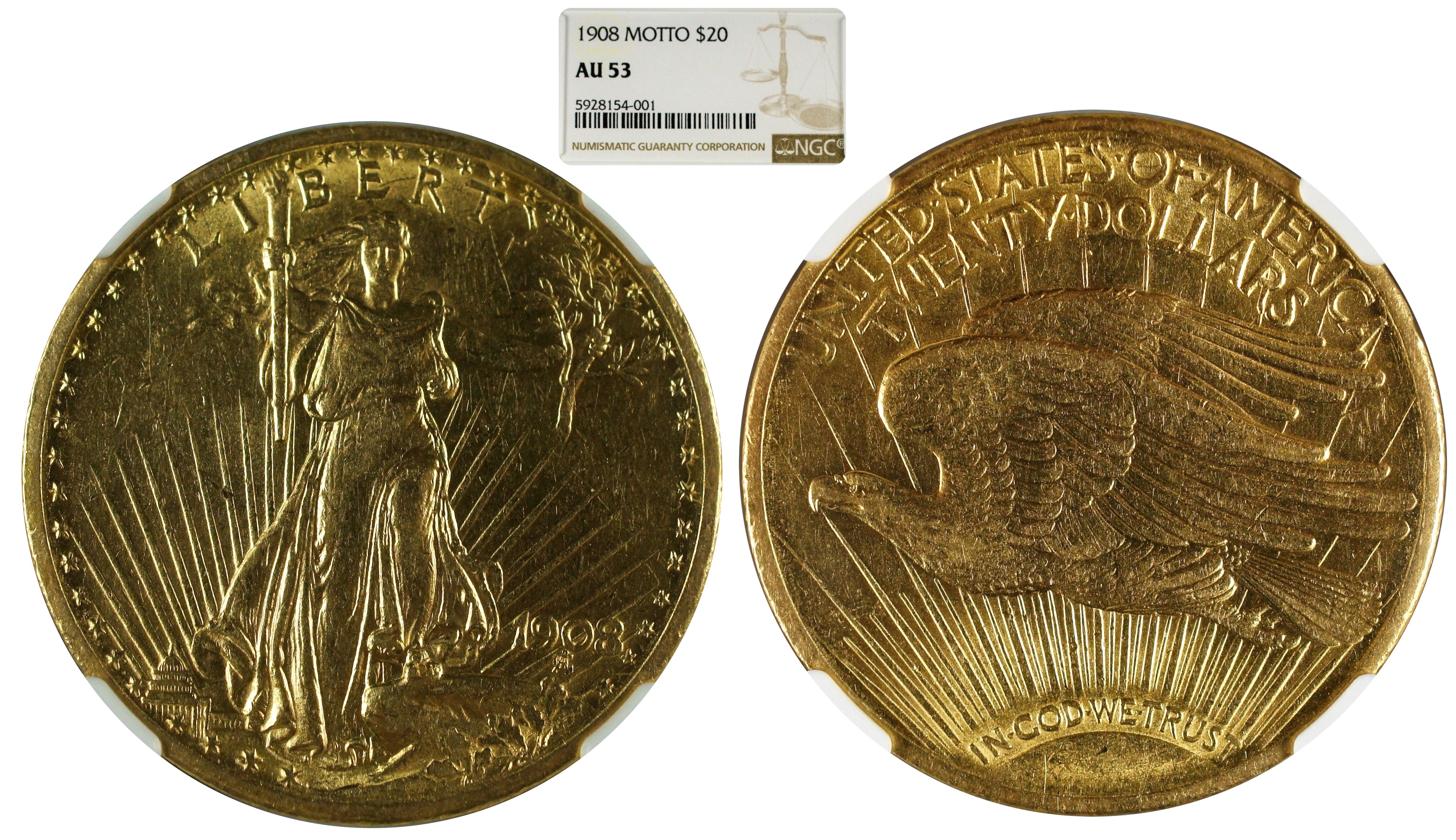 USA 1908 Motto Gold St Gaudens $20 NGC AU53