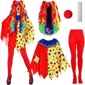 HAULL 5 PCS HALLOWEEN CIRCUS CLOWN PONCHO COSTUME FOR WOMEN CLOWN COSTUME OUTFIT COLOR LONG CURLY WIG WITH DOUBLE PONYTAILS RED NO