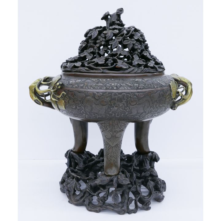 Ornate Chinese Qing Bronze Censer on Stand