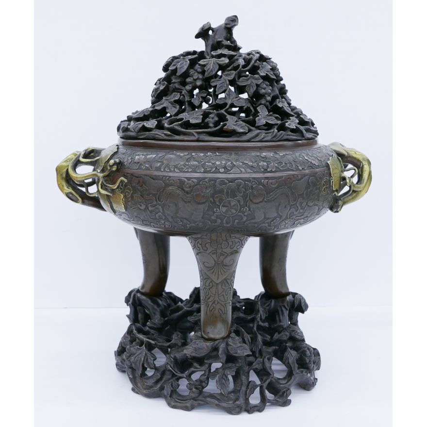Ornate Chinese Qing Bronze Censer on Stand