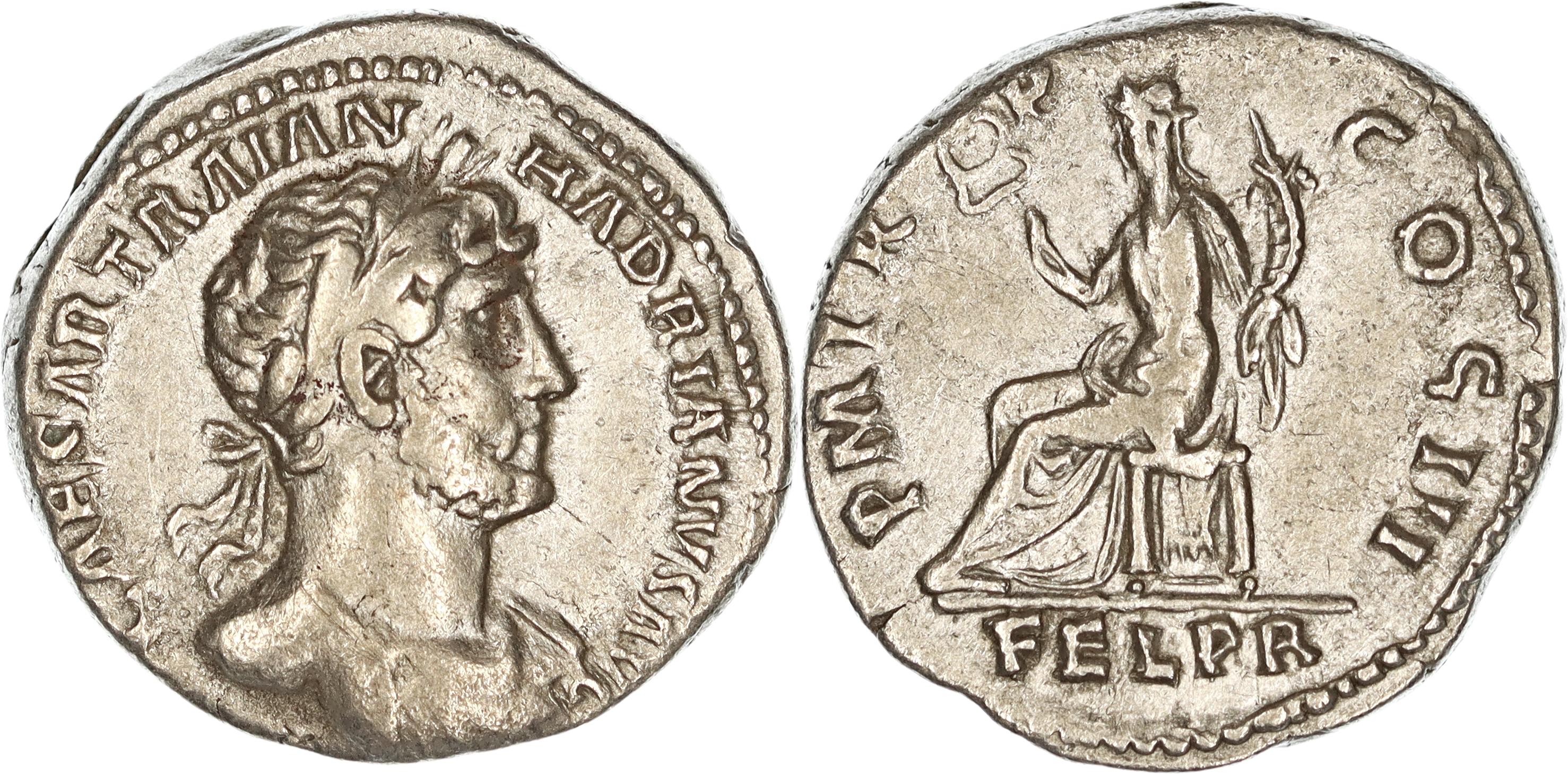 Roman Empire, Hadrian, Silver Denarius, 124 AD, nVF