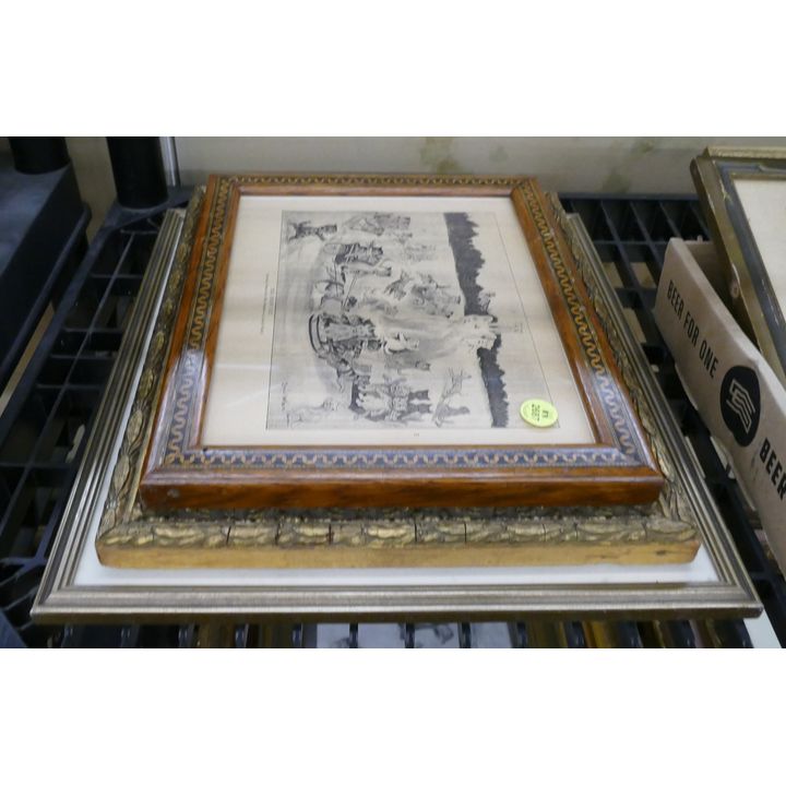 Stack 3pc Antique Framed Cat Prints- largest 14x13''