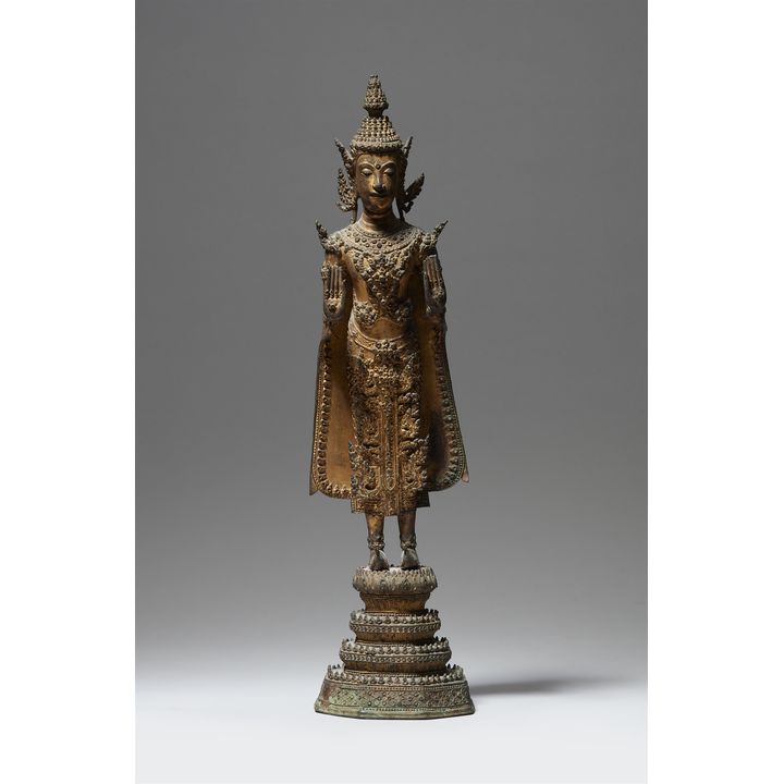 A Ratanakosin lacquered and gilded bronze figure of a crowned and bejewelled Buddha. Thailand. 19th century