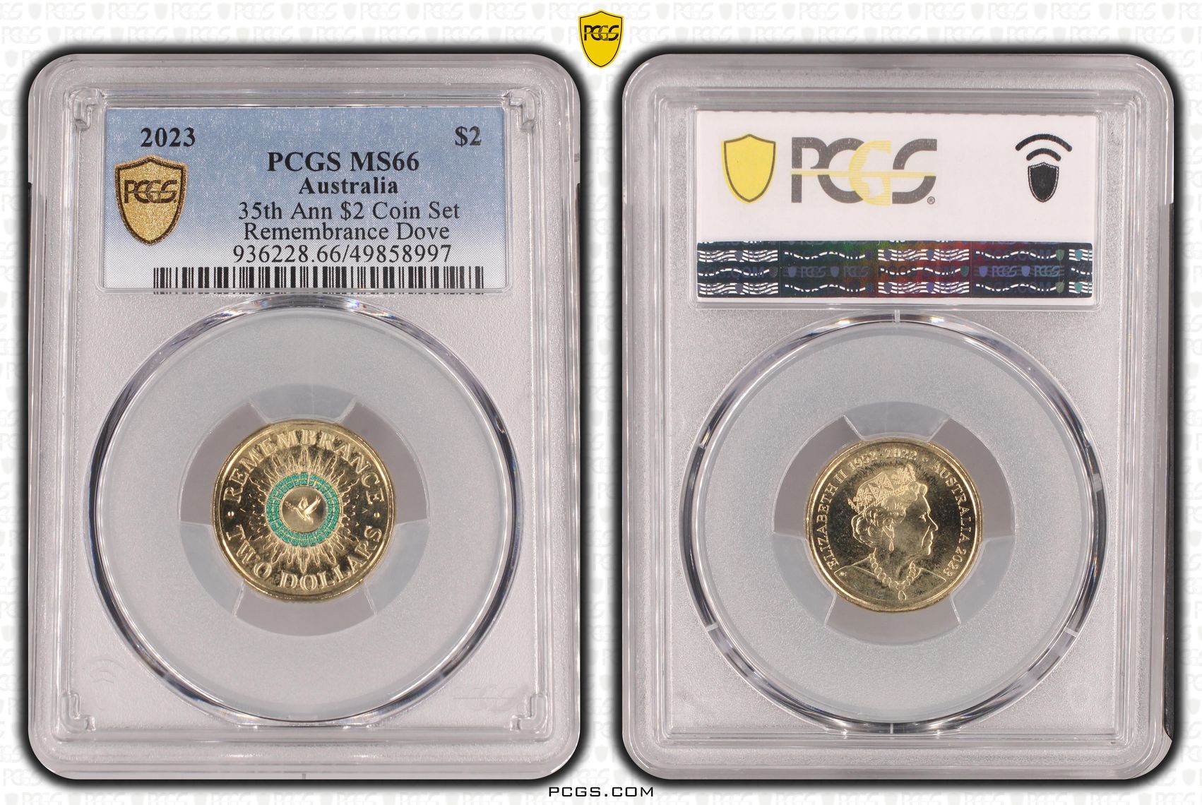 Elizabeth II, 35th Ann $2 Coin Set Colorized Remembrance Dove , Two Dollar, 2023, PCGS MS66
