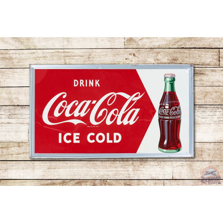 1950 Drink Coca-Cola w/ Bottle Metal Sign TAC 8.9
