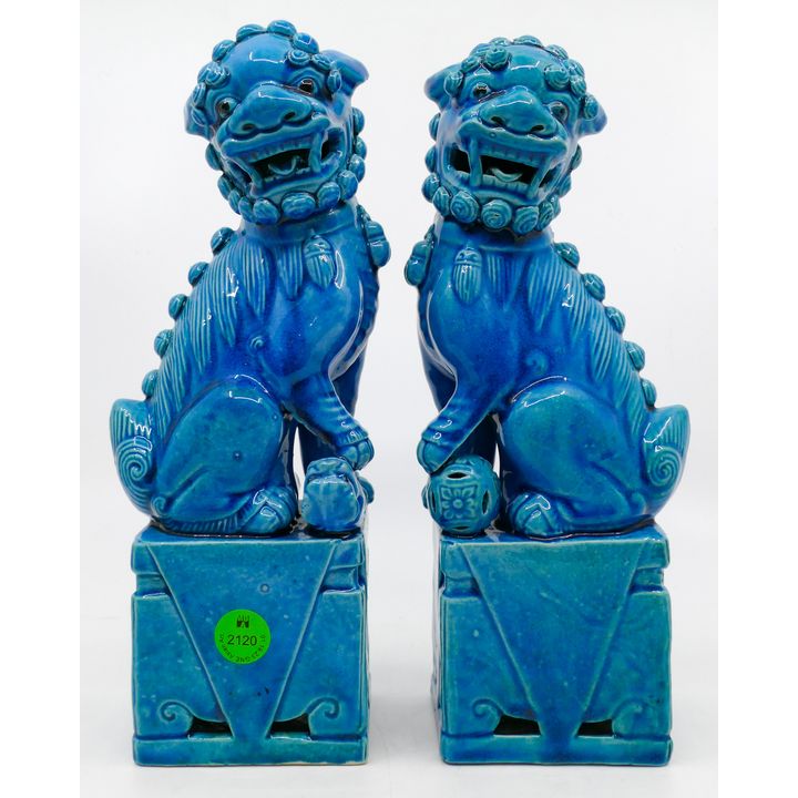 Pair Chinese Export Peacock Blue Foo Lion Figures 10''