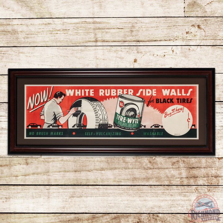 Whiz Tyre Wyte "White Rubber Side Walls" Framed Advertising Poster w/ Man & Automobiles