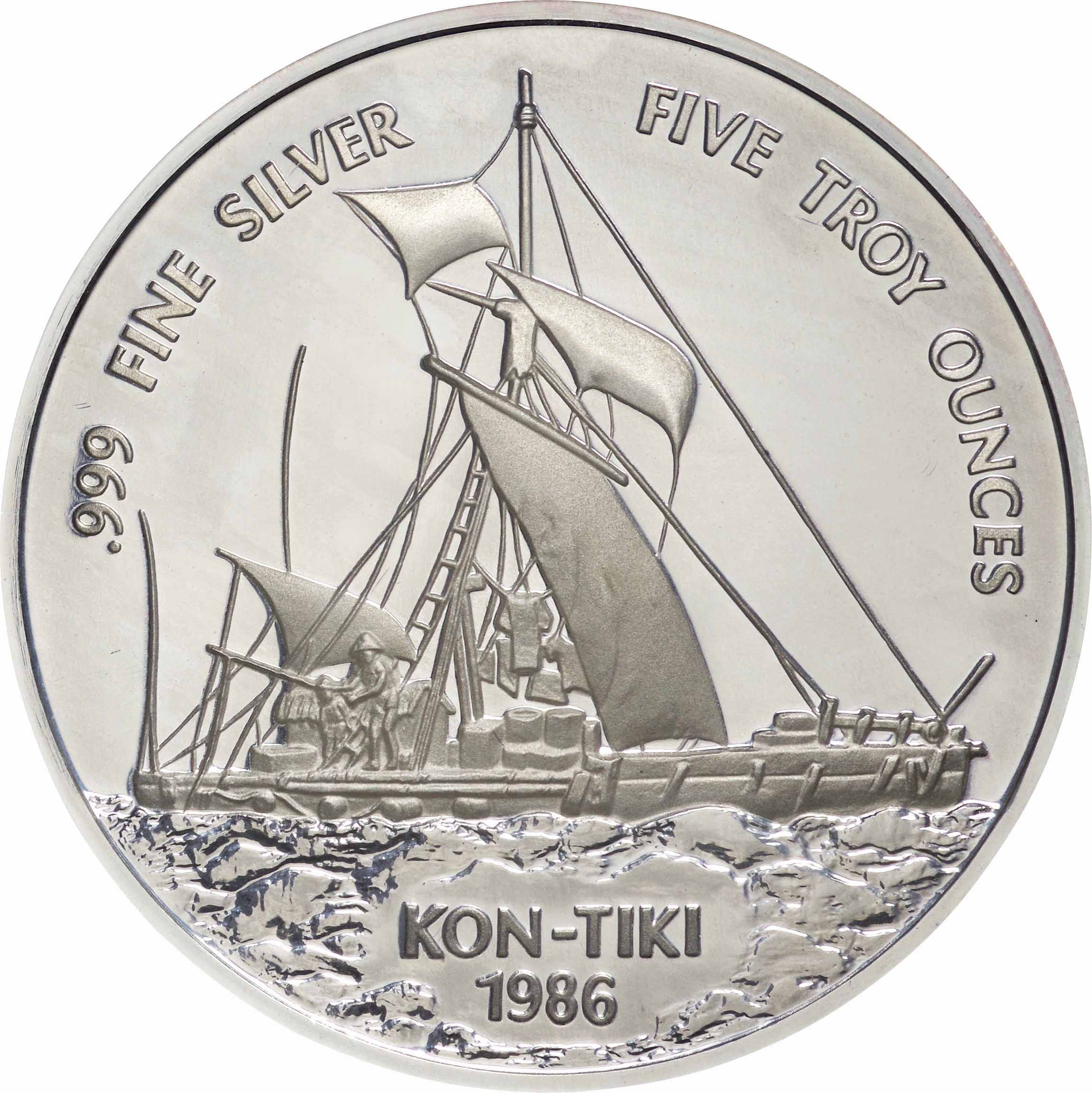 最高品質サモア コンチキ号航海記念 1986年 25ドル銀貨 5トロイオンス ケース付 コレクション