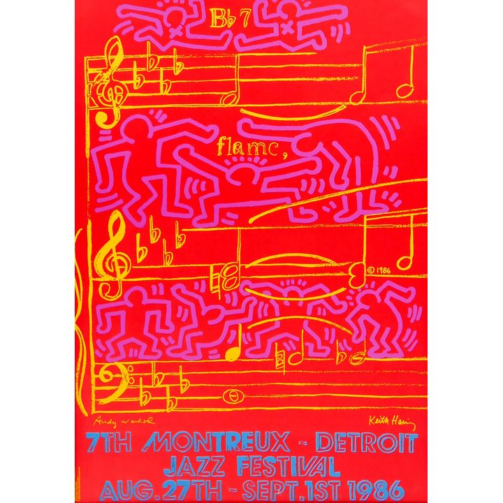 1986 Andy Warhol & Keith Haring Detroit Jazz Festival Original Poster Framed- 39x28"