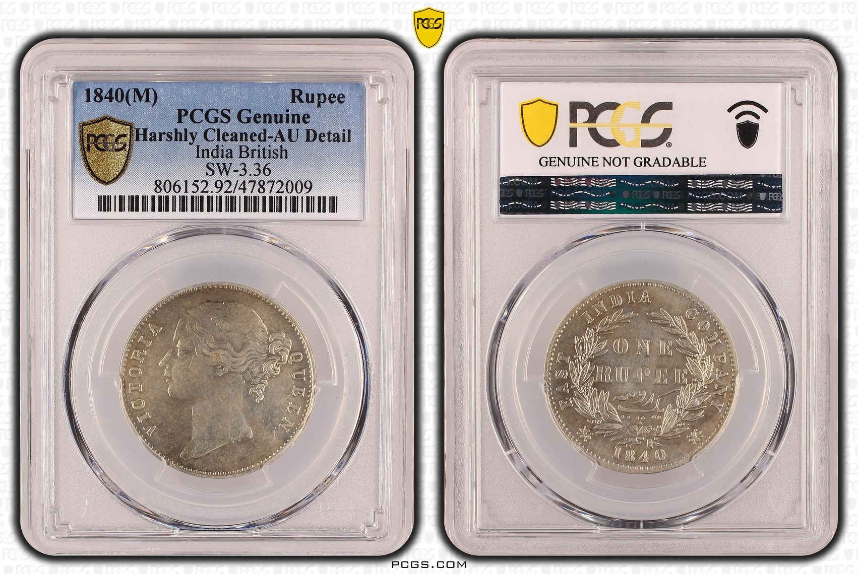 India British, SW-3.36, Rupee, 1840(M), PCGS Genuine - AU Details (92 - Cleaned)