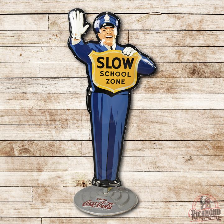 1957 Coca-Cola Traffic Policeman & Bottle Metal Sign & Base TAC 9