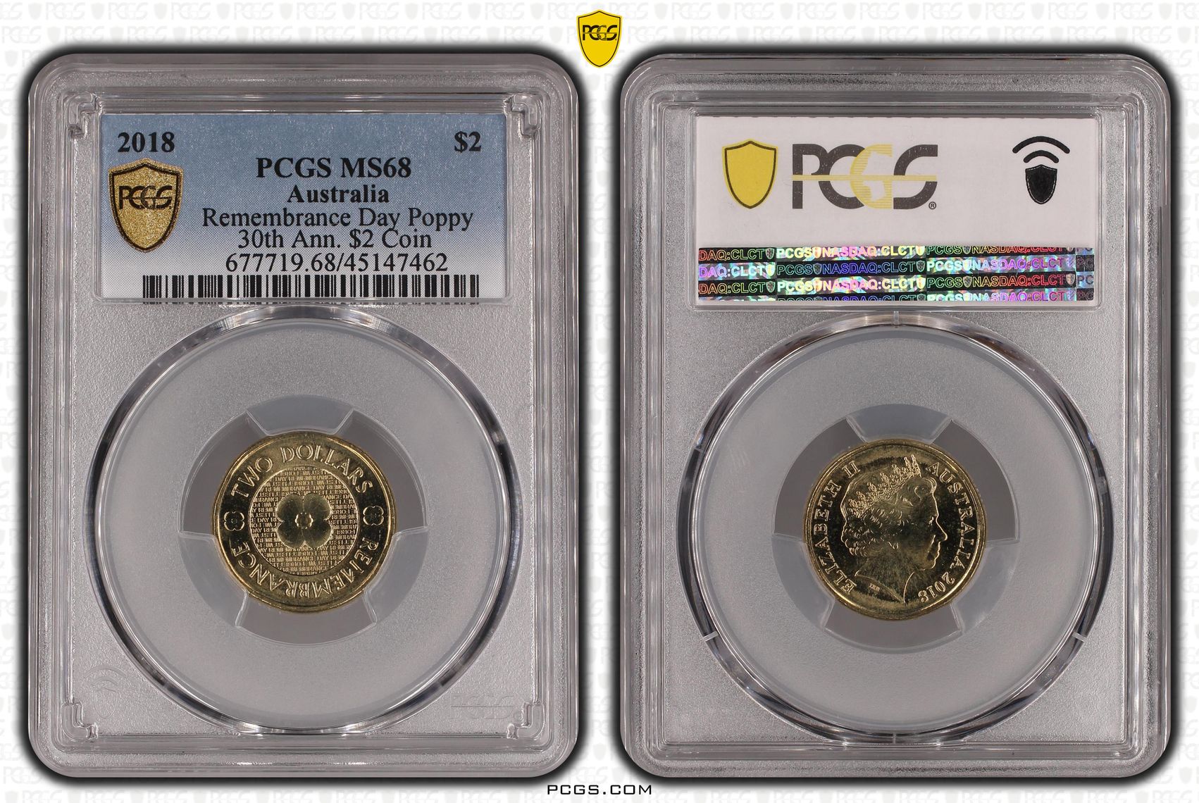 2018 Australia Two Dollar, $2 Remembrance Day Poppy 30th Ann. $2 Coin PCGS - MS68 -462