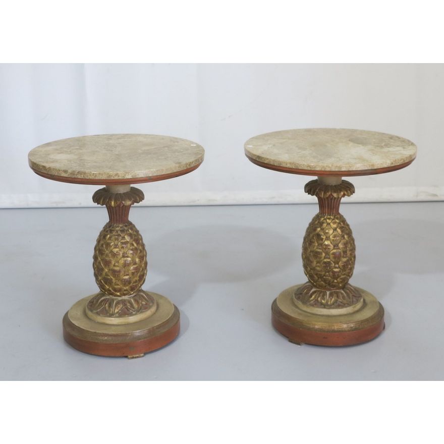 PAIR OF MARBLE TOP PINEAPPLE BASE SIDE TABLES