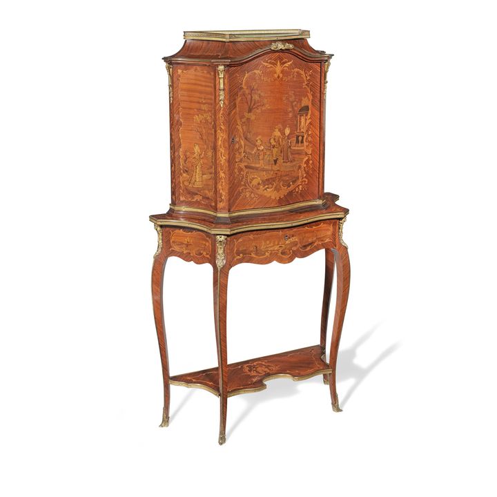 A Louis XV style rosewood, kingwood and burr walnut marquetry writing cabinet