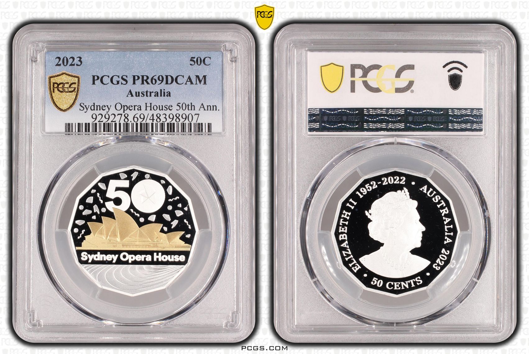 Sydney Opera House 50th Ann. Partial Gilt, Fifty Cent, 2023, PCGS PR69DCAM