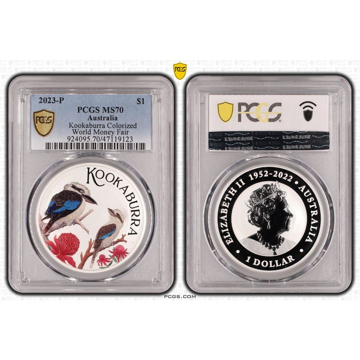 Kookaburra Colorized - World Money Fair  POP 8/0, 1oz Silver, One Dollar, 2023-P, PCGS MS70