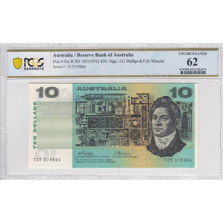 1974 Australia $10 Banknote Phillips/Wheeler Uncirculated 62  - R.305