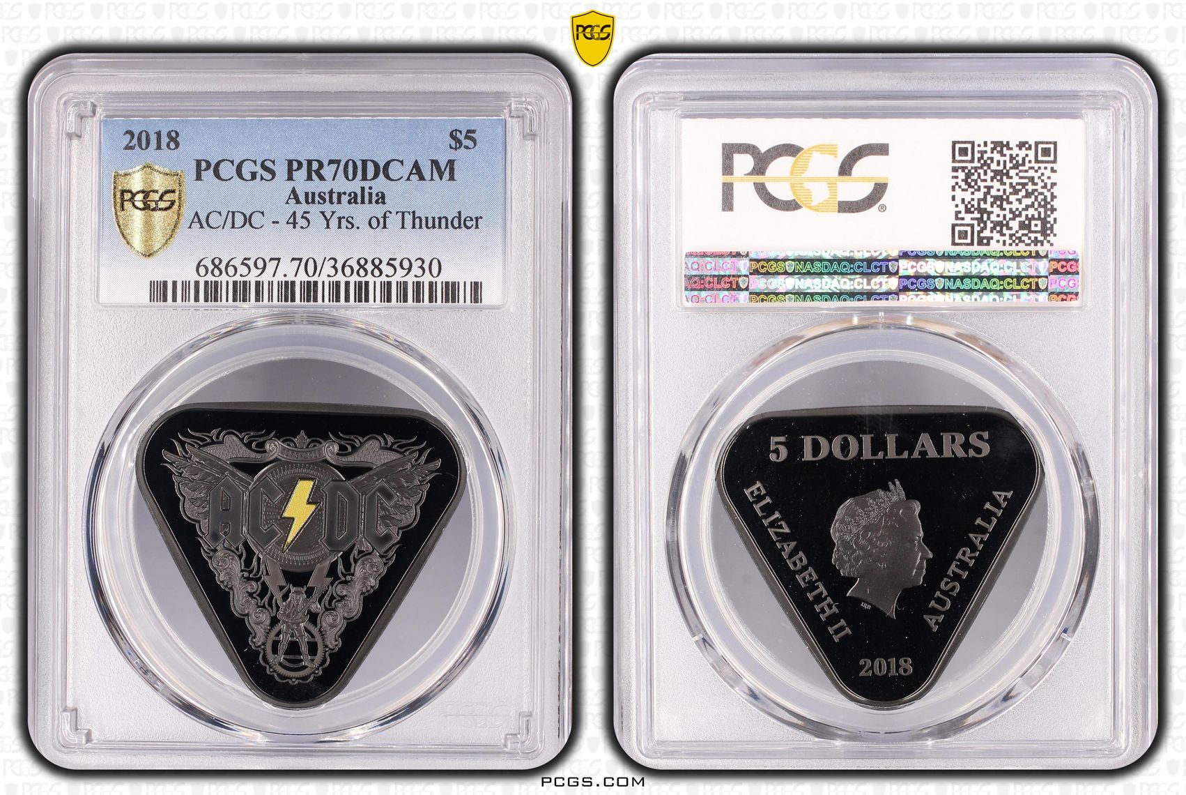 AC/DC 45 Years of Thunder, Five Dollar, 2018, PCGS PR70DCAM