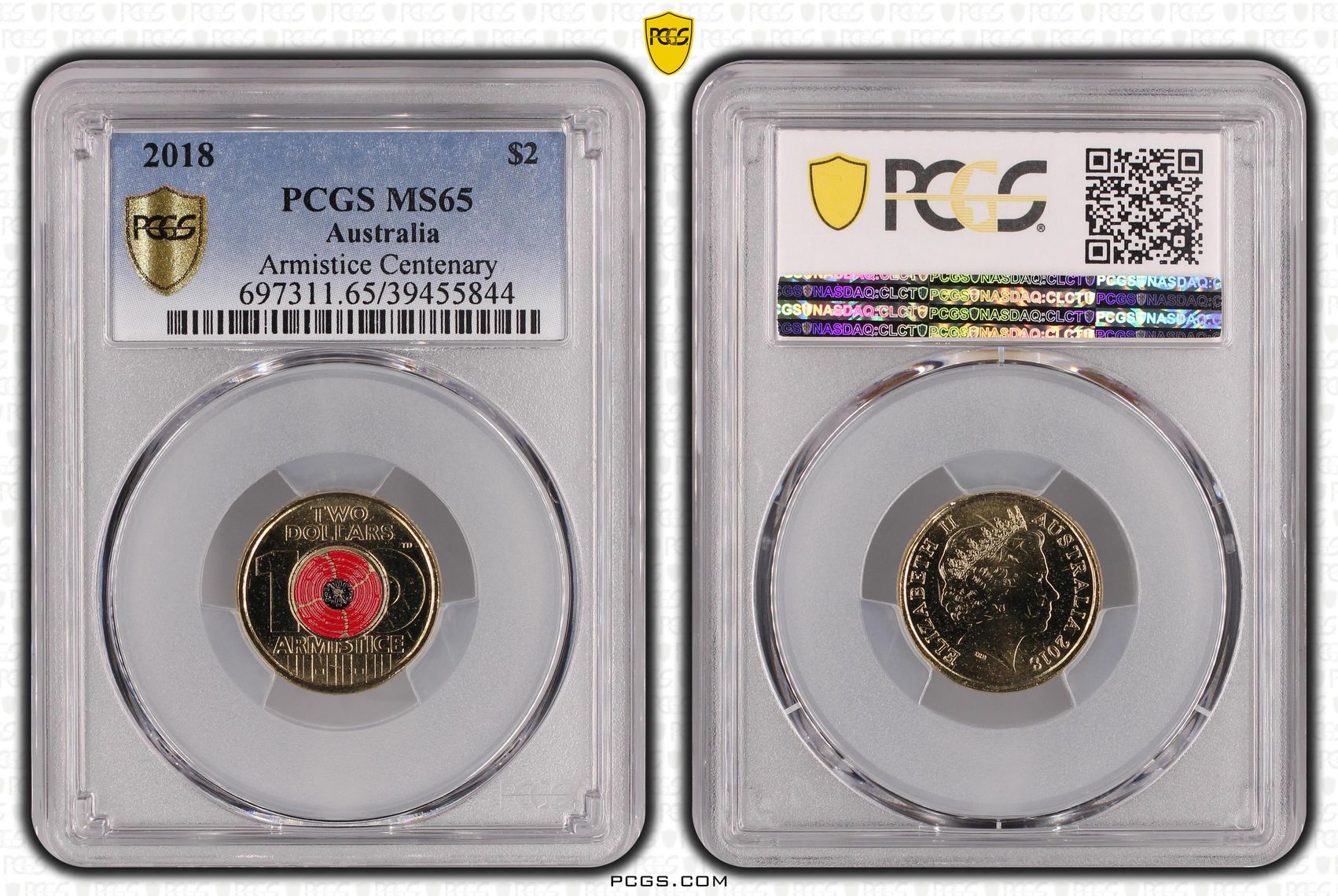 Armistice Centenary Colourised, Two Dollar, 2018, PCGS MS65