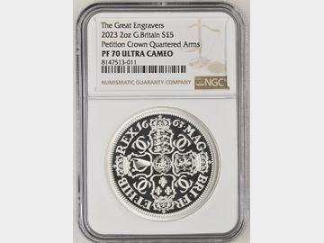 2023 BRITISH MONARCHS 'PETITION CROWN QUARTERED ARMS' SILVER 2oz PROOF 5 POUND PF70 UCAM TOP POP!