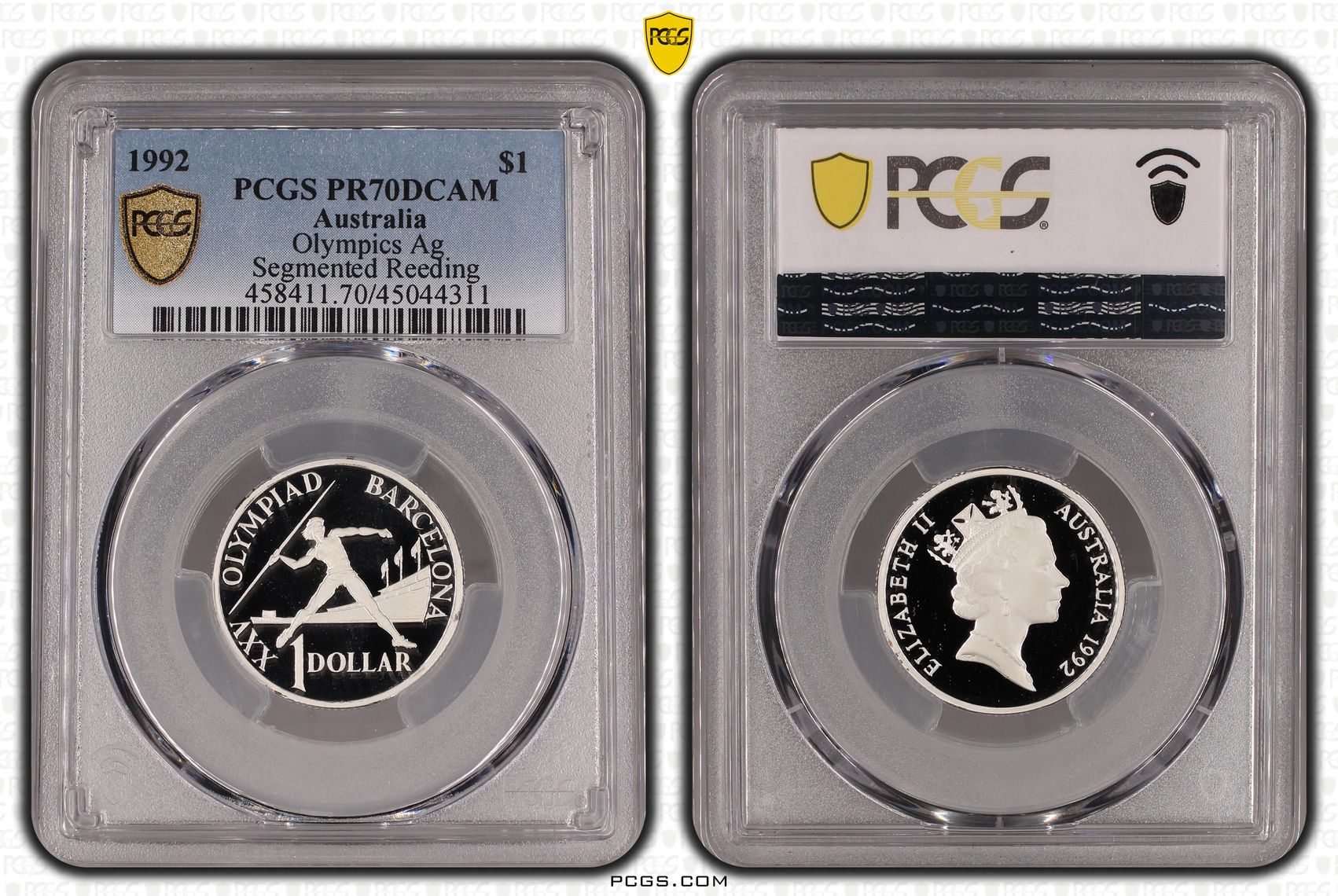 1992 Australia One Dollar, $1 Silver Olympics Silver Segmented Reeding PCGS - PR70DCAM POP 3/0 -311