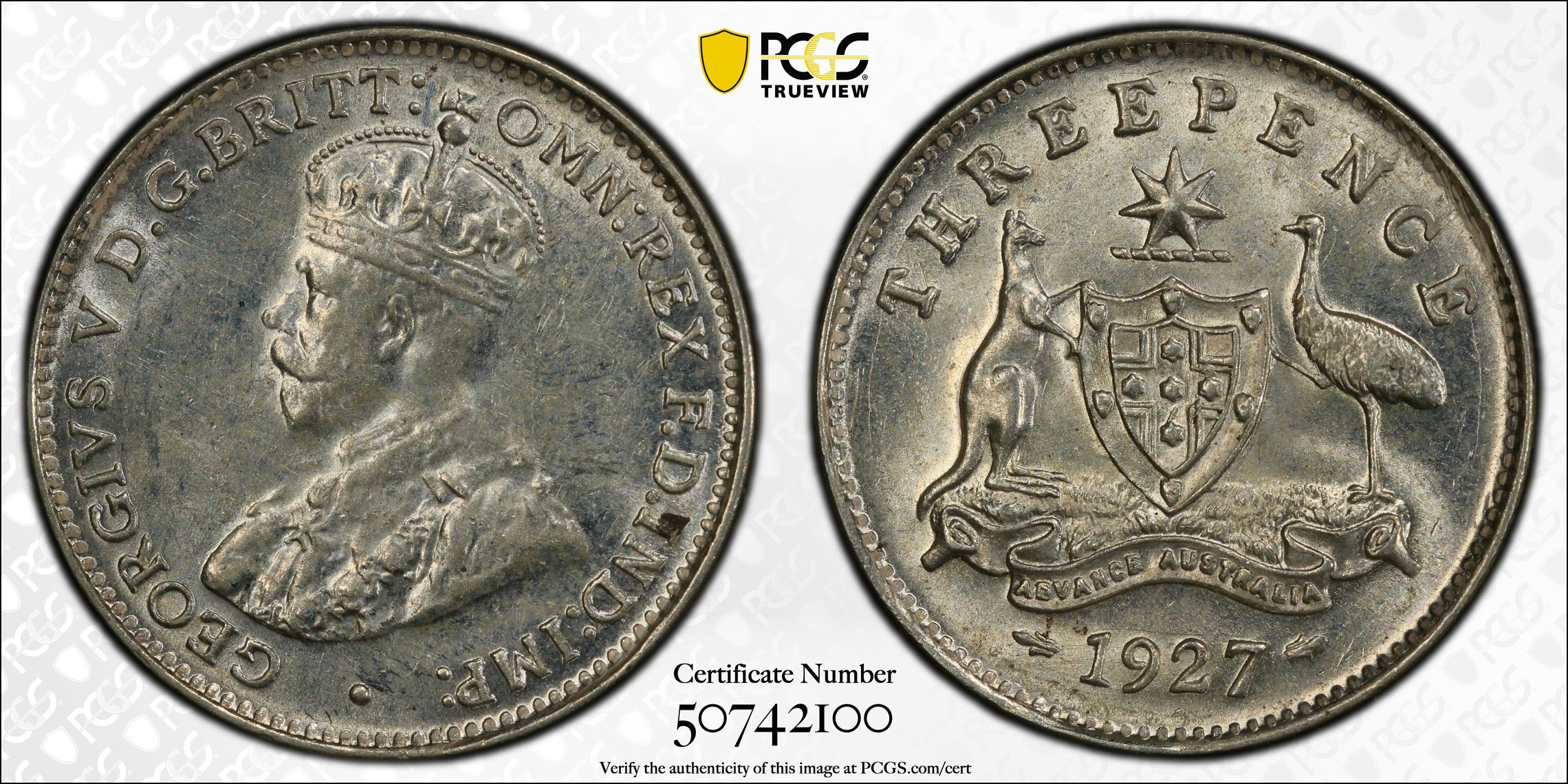 George V, Threepence, 1927(m), PCGS MS62