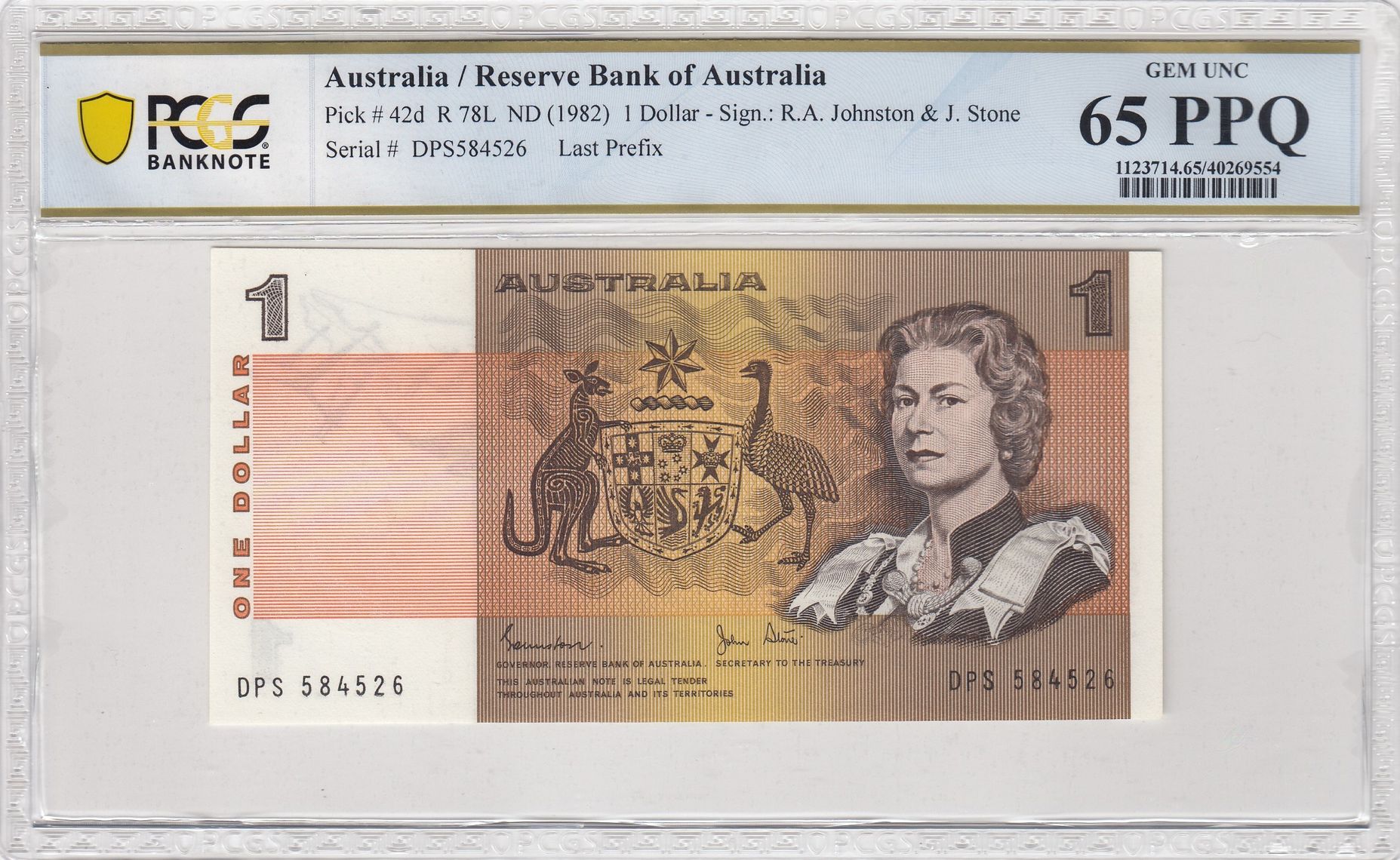 1982 Australia $1 Banknote Johnston/Stone Last Prefix Gem UNC 65 PPQ PCGS
