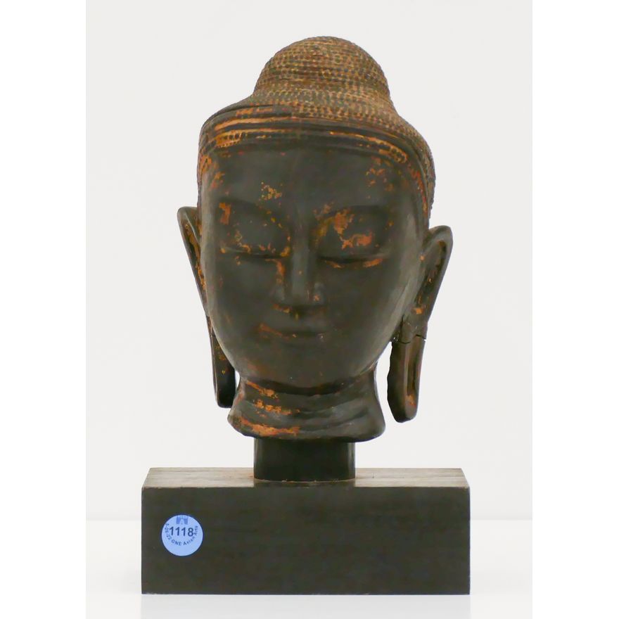 Old Burmese Lacquered Buddha Head on Stand 11''x6''
