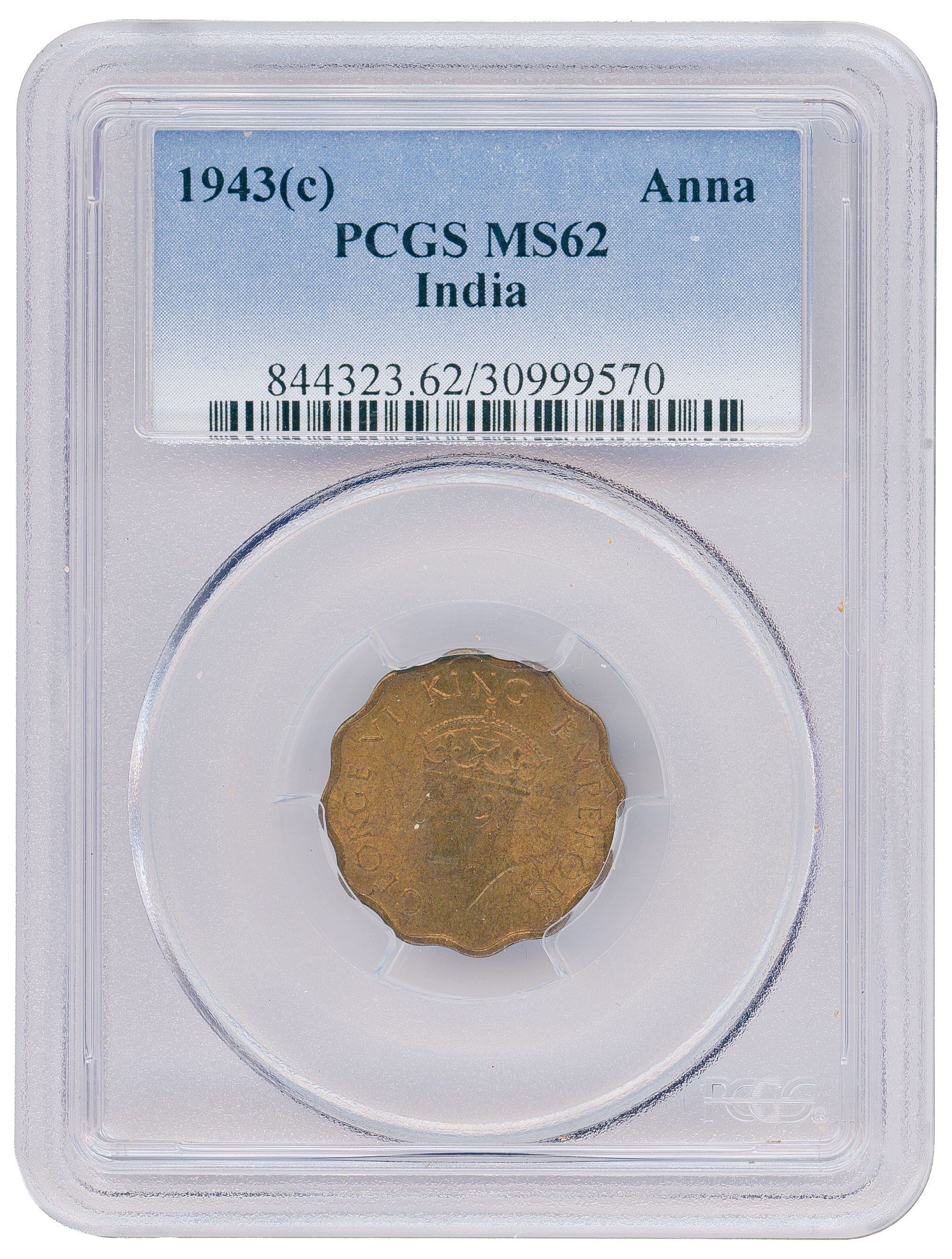 India British, Anna, 1943(C), PCGS MS62