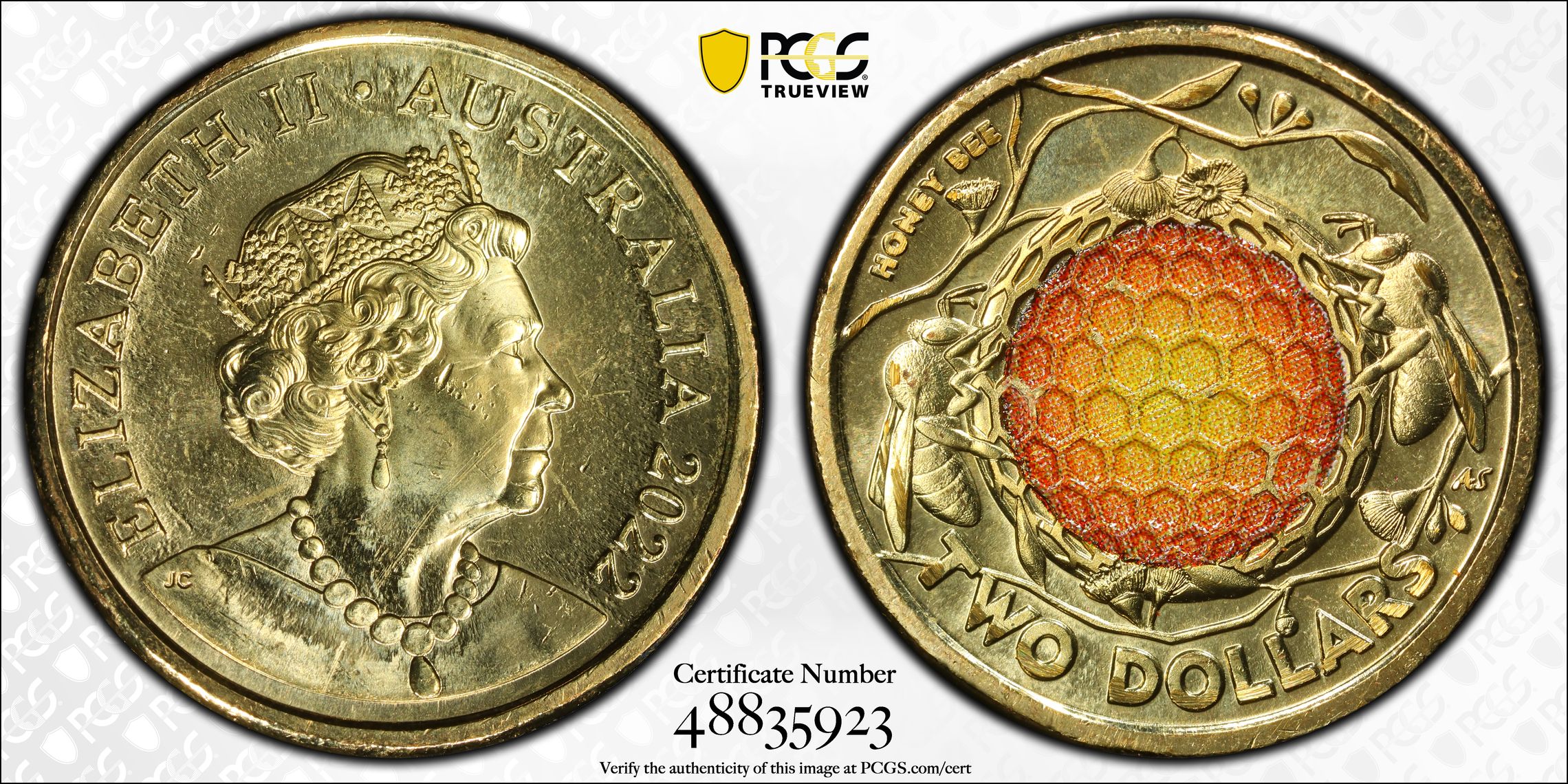 Elizabeth II, Honey Bee Colorized, Two Dollar, 2022, PCGS Genuine - UNC Details (98 - Damage)