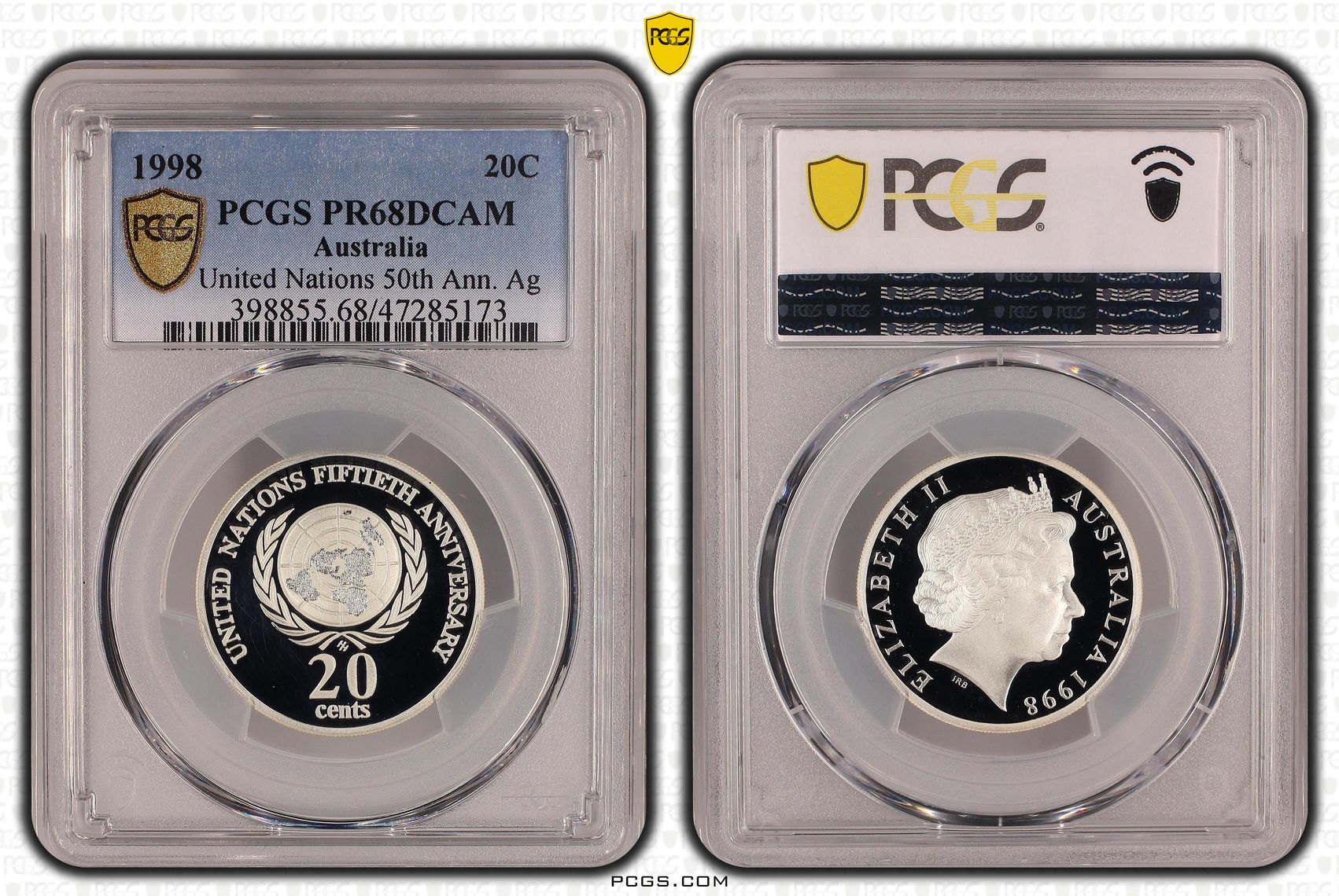 Elizabeth II, United Nations 50th Ann. Ag , Twenty Cent, 1998, PCGS PR68DCAM