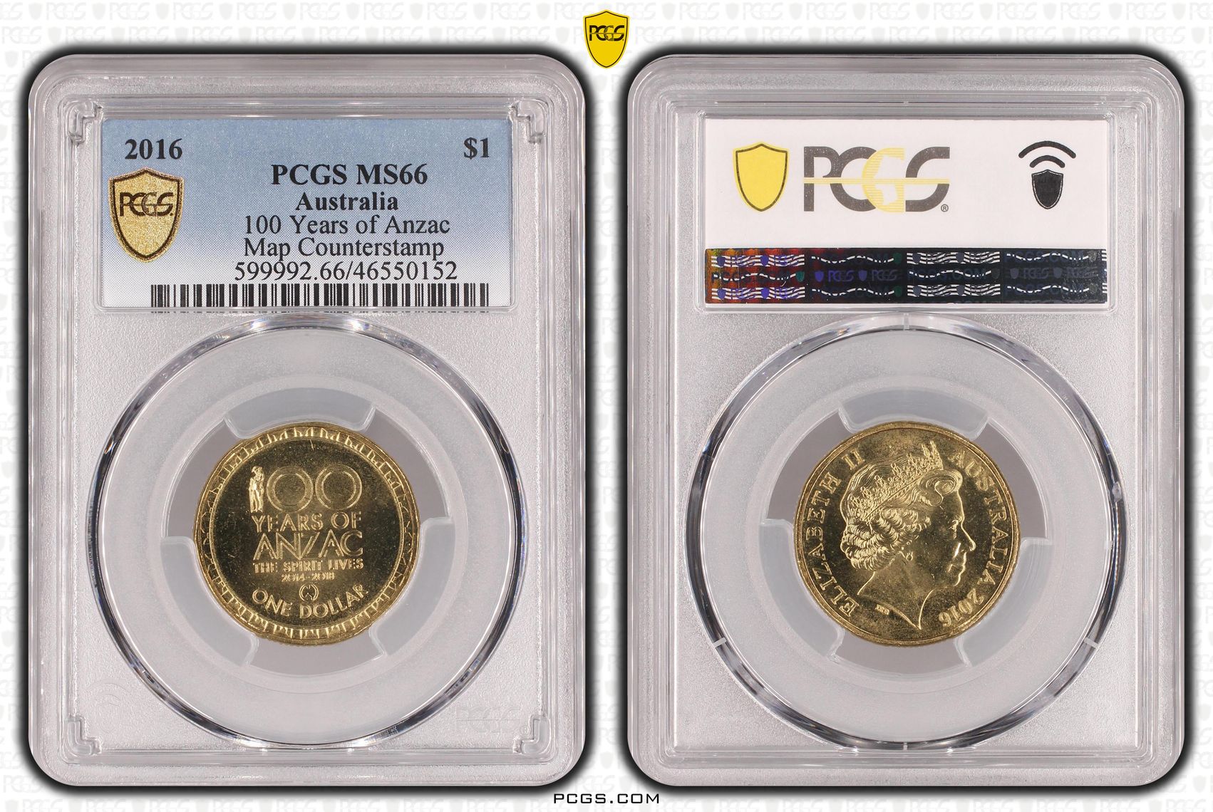 100 Years of Anzac, Map Counterstamp, One Dollar, 2016, PCGS MS66