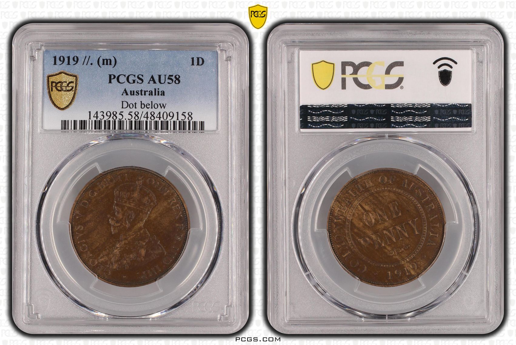 George V, Dot below, Penny, 1919, PCGS AU58BN