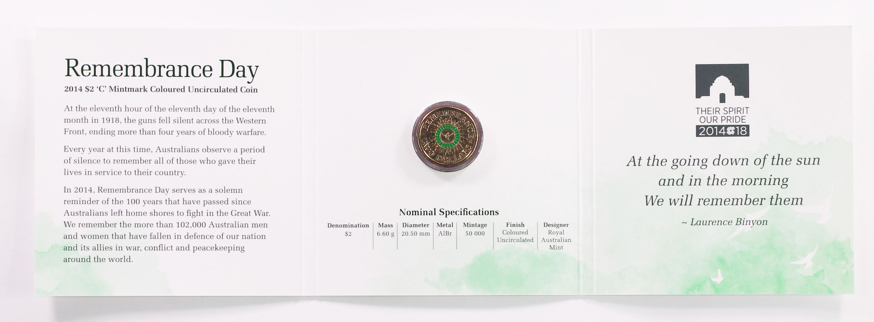 2014 RAM $2 Remembrance Day 'C' Mintmark UNC Coloured Coin - Carded