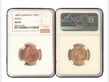 1883 Queen Victoria Young Head Sydney Mint Shield Gold Sovereign. Graded by NGC AU55