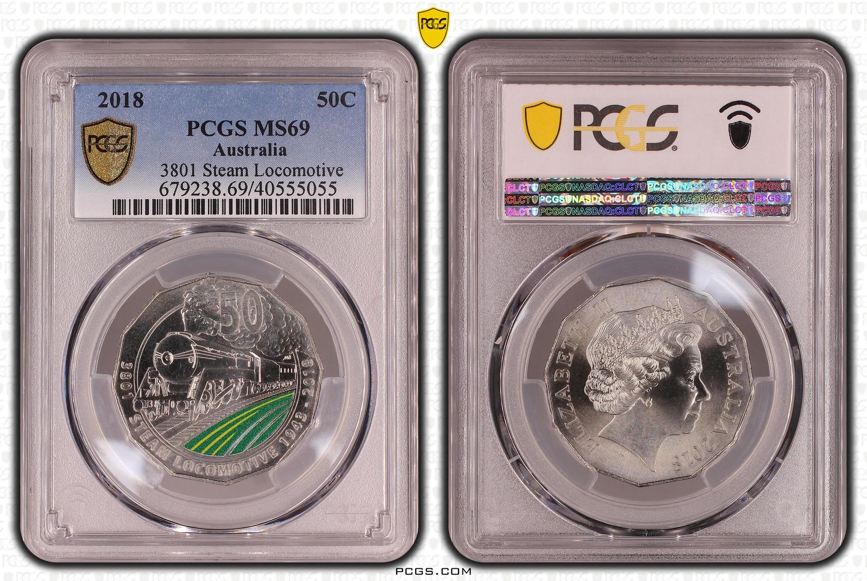 3801 Steam Locomotive Colorized, Fifty Cent, 2018, PCGS MS69