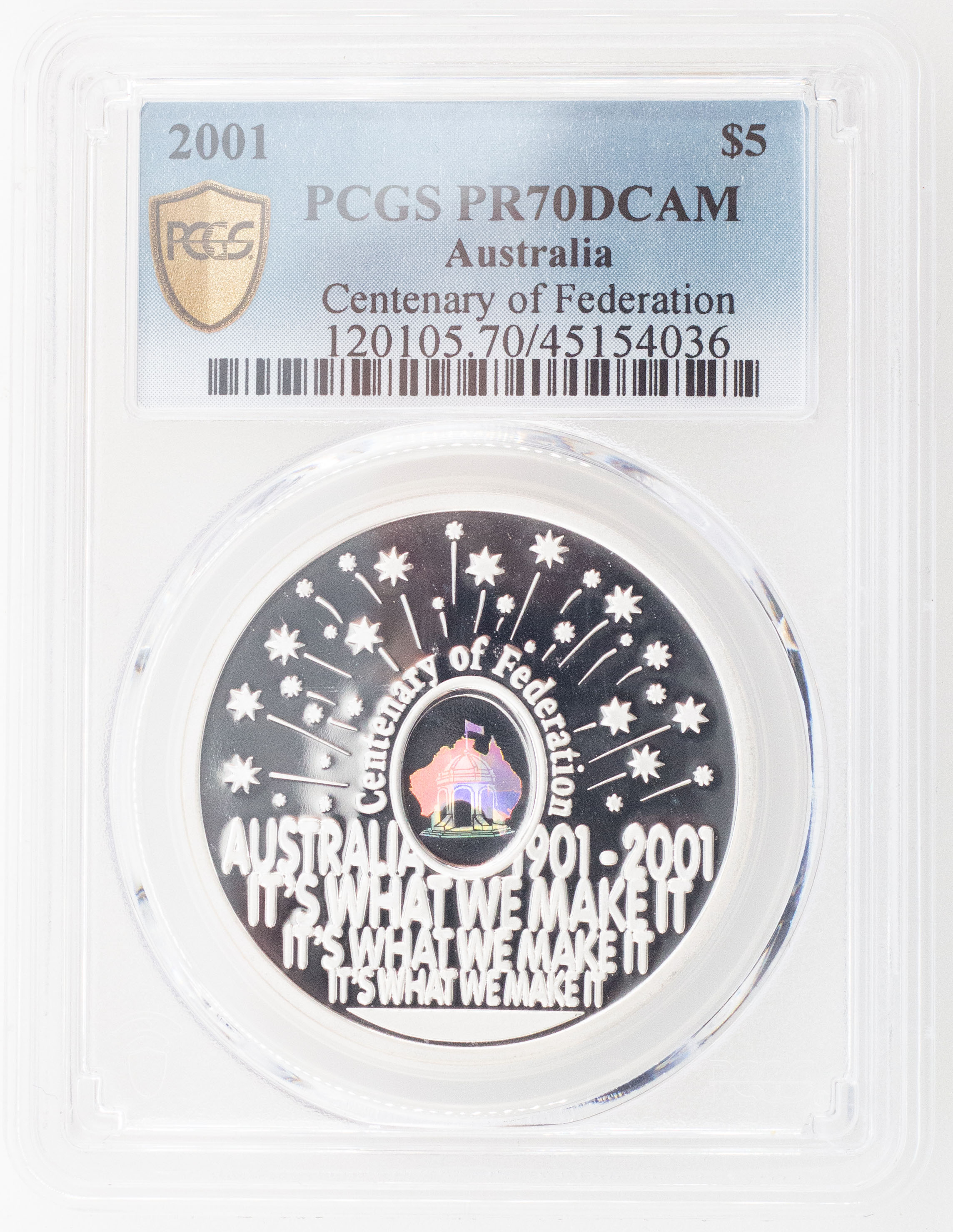 2001 Australia Five Dollar, $5 Silver Proof Centenary of Federation PCGS - PR70DCAM POP 6/0 -036
