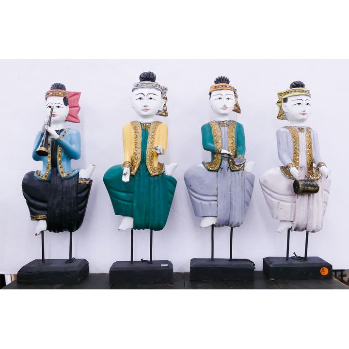 Set 4pc Thai Jeweled Carved Wood Musician Figures- 19'' each