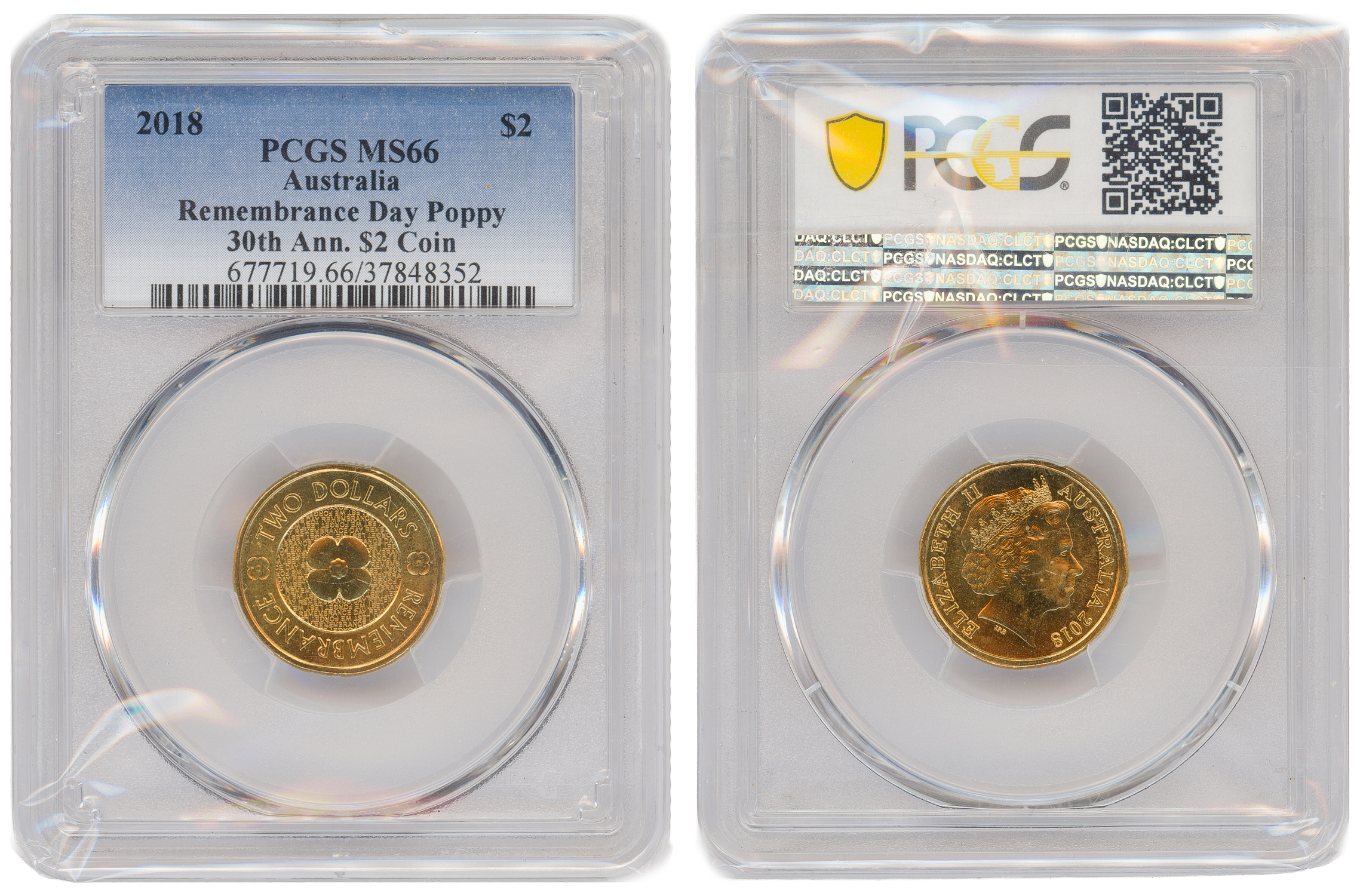 Remembrance Day Poppy 30th Ann. $2 Coin, Two Dollar, 2018, PCGS MS66