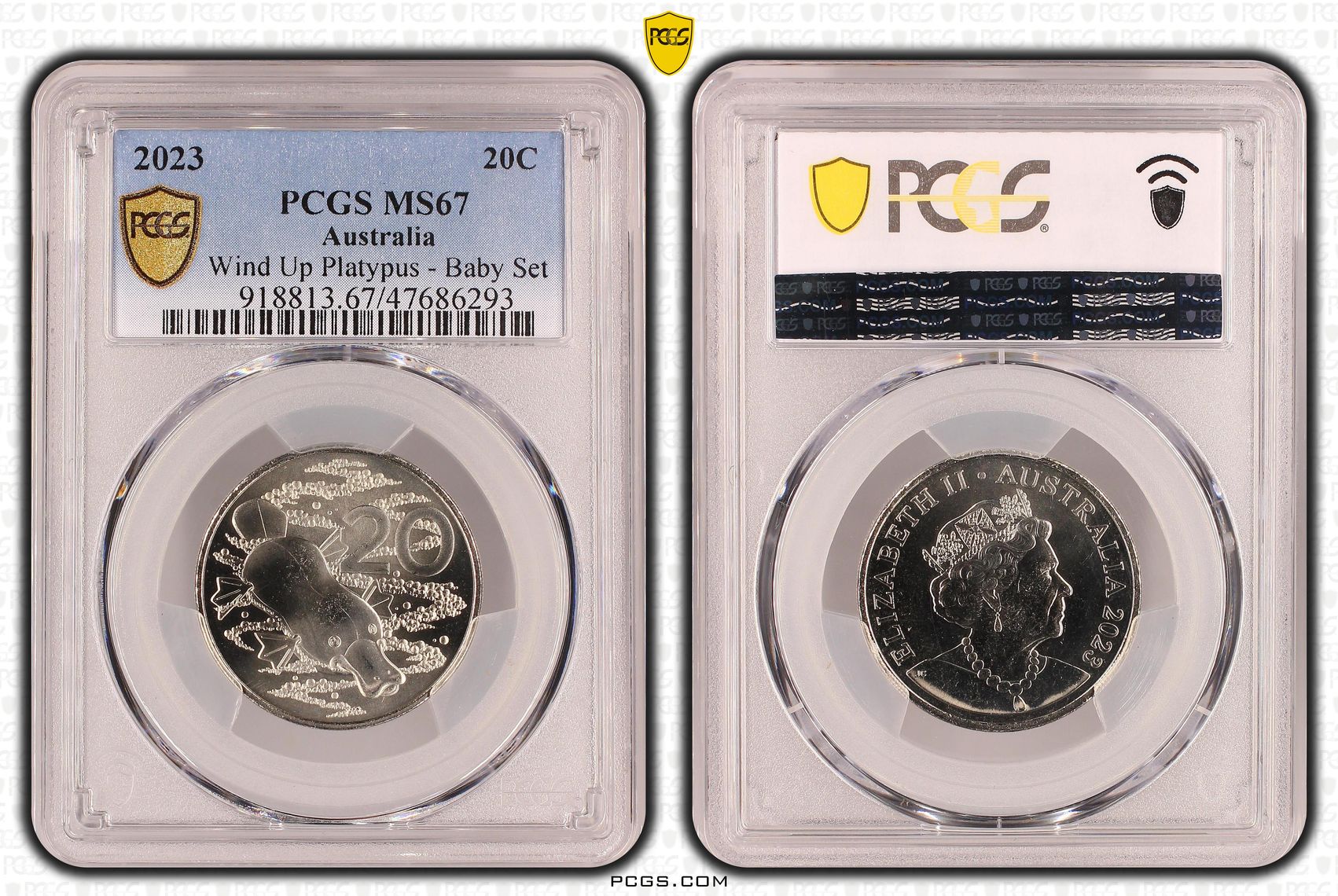 130 · Elizabeth II, Wind Up Platypus - Baby Set, Twenty Cent, 2023, PCGS MS67