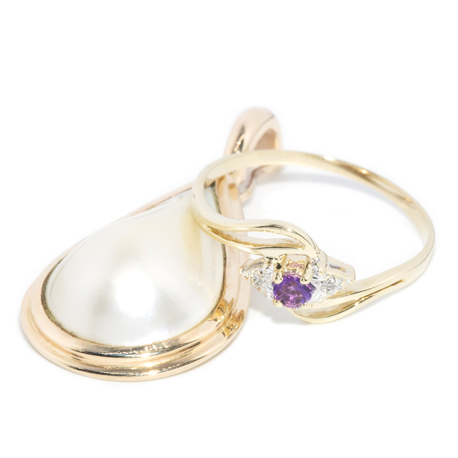 Amethyst & Diamond Ring & Mabe Pearl Enhancer in 9ct Gold