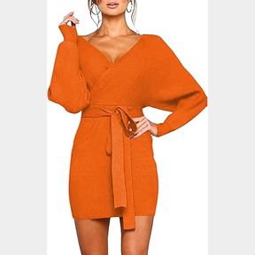 VIOTTISET WOMEN'S V NECK MIDI KNIT SWEATER DRESS WITH BELT SLIT SZ LRG