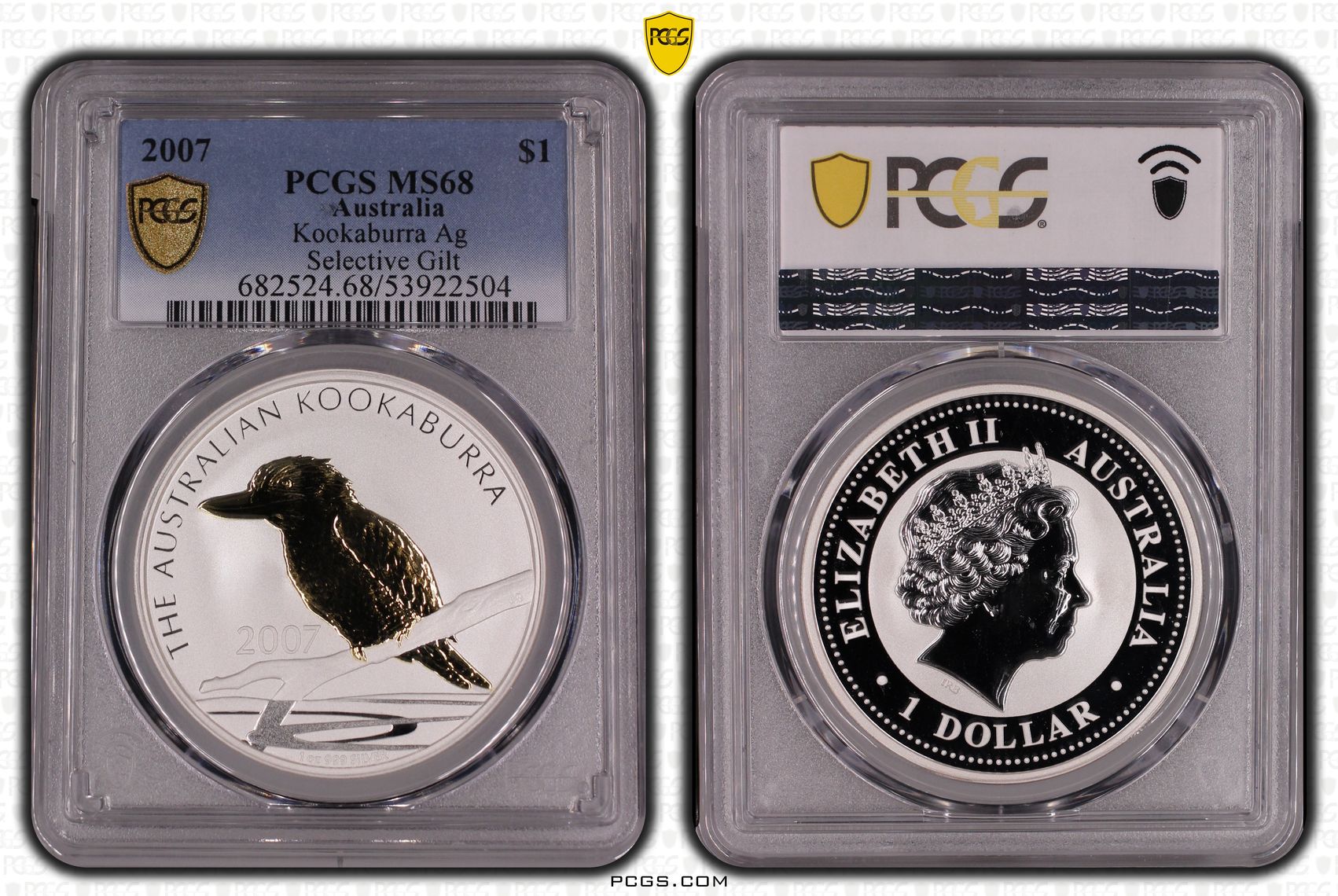 415 · Kookaburra Silver Selective Gilt, One Dollar, 2007, PCGS MS68